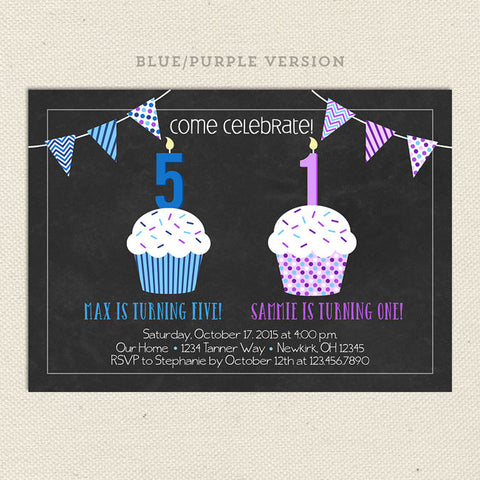 blue purple double cupcake joint invitation