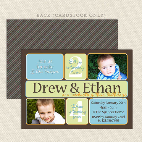 dual birthday party invitations boy blue green