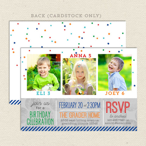four times the fun joint birthday invitation 3 child