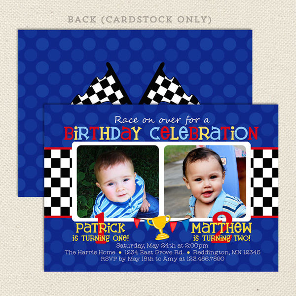 race car joint birthday party invitations