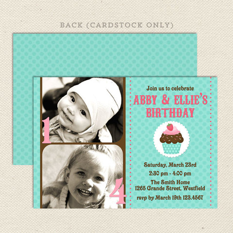 tiny cupcake joint birthday party invitations turquoise