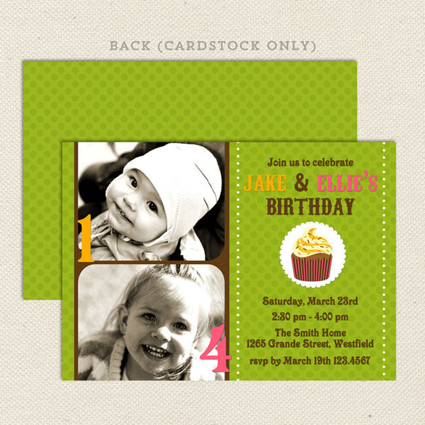 tiny cupcake joint birthday party invitations green