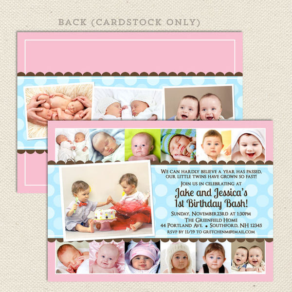 twin 1st year collage birthday party invitations