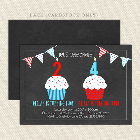 patriotic cupcake sibling birthday invitation