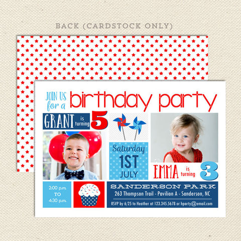 patriotic summer sibling birthday party invitation