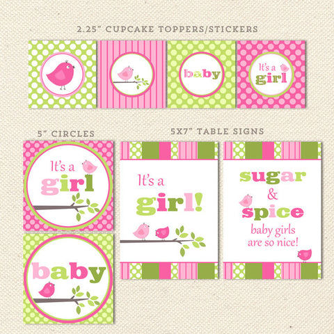 printable baby shower decorations pink green bird detail 1