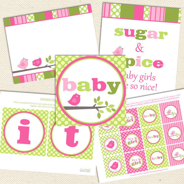 printable baby shower decorations pink green bird