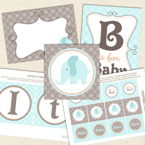 elephant boy printable baby shower decorations turquoise gray blue