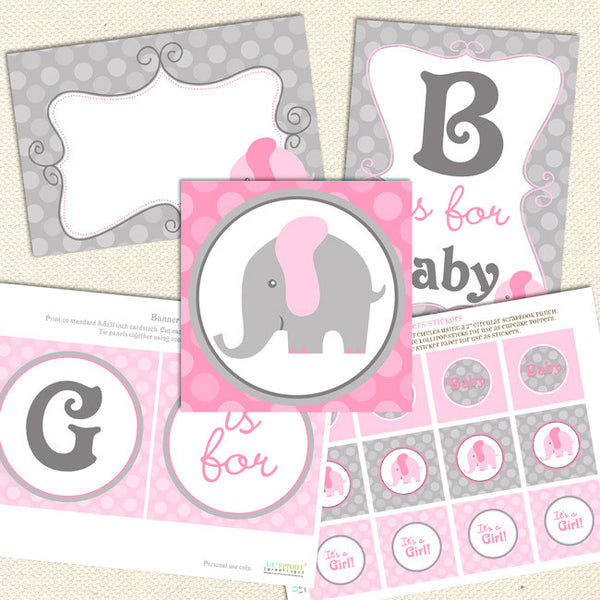 elephant girl printable baby shower decorations pink gray