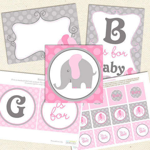 elephant girl printable baby shower decorations pink gray