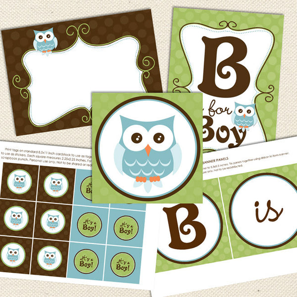 owl boy printable baby shower decorations brown green aqua