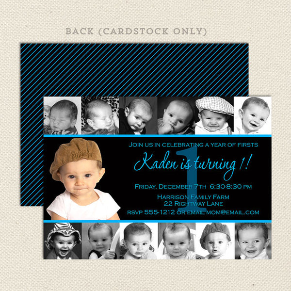 1st birthday collage boy 12 photo printable invitation