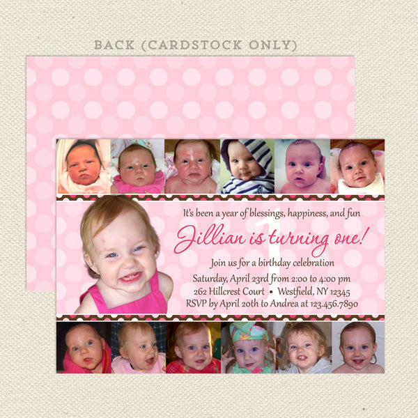 first year photo collage girl birthday invitations