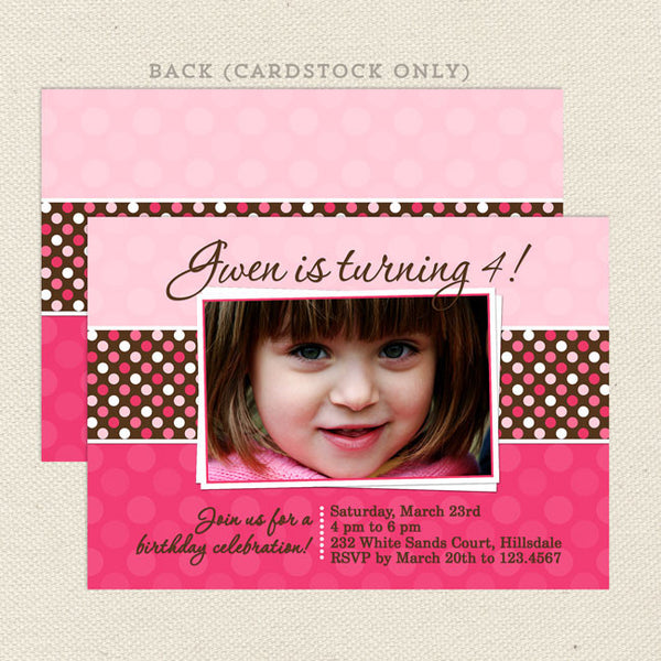 pink polka dots girl birthday invitations