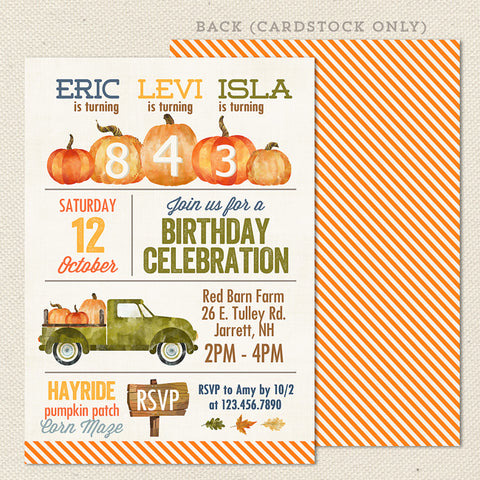 pumpkin farm triple birthday invitation