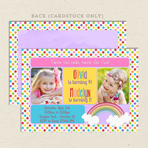 rainbow sibling birthday party invitation