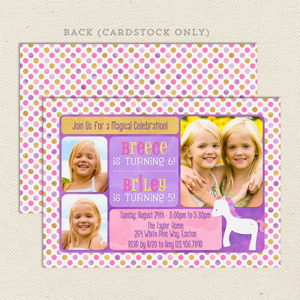 unicorn sibling birthday party invitation
