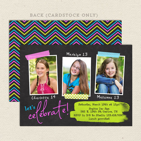 neon teen girl triple birthday party invitation