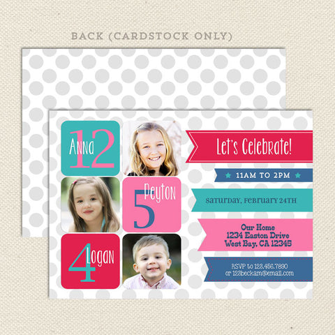 gender neutral 3 child birthday invitations