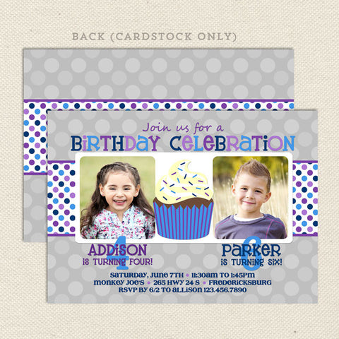 purple blue twin fun joint birthday invitation