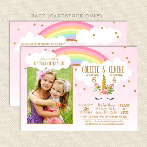 unicorn rainbow joint birthday invitation