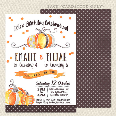 watercolor pumpkin sibling birthday invitation
