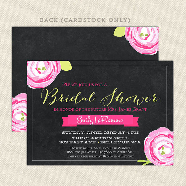 chalkboard bridal shower invitations pink