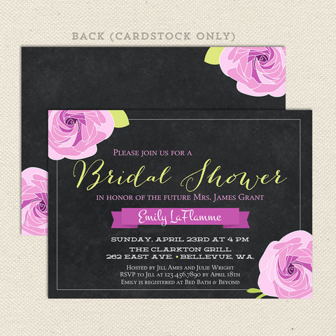 chalkboard bridal shower invitations purple